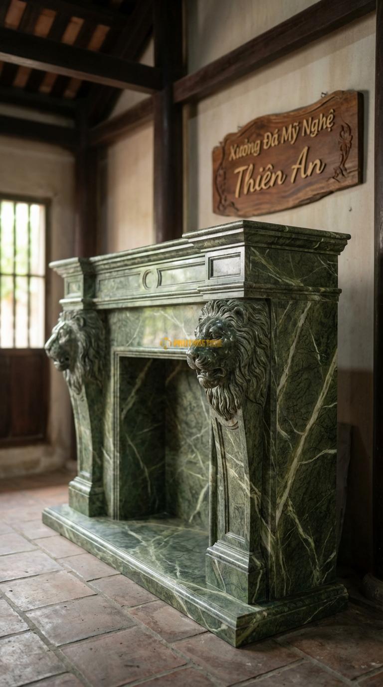 Lò Sưởi Sư Tử (Lion Head) Đá Xanh Ấn Hai đầu sư tử chạm kênh bong đỡ dầm lò sưởi, Kích thước 1m6 x 1m3 x 40cm