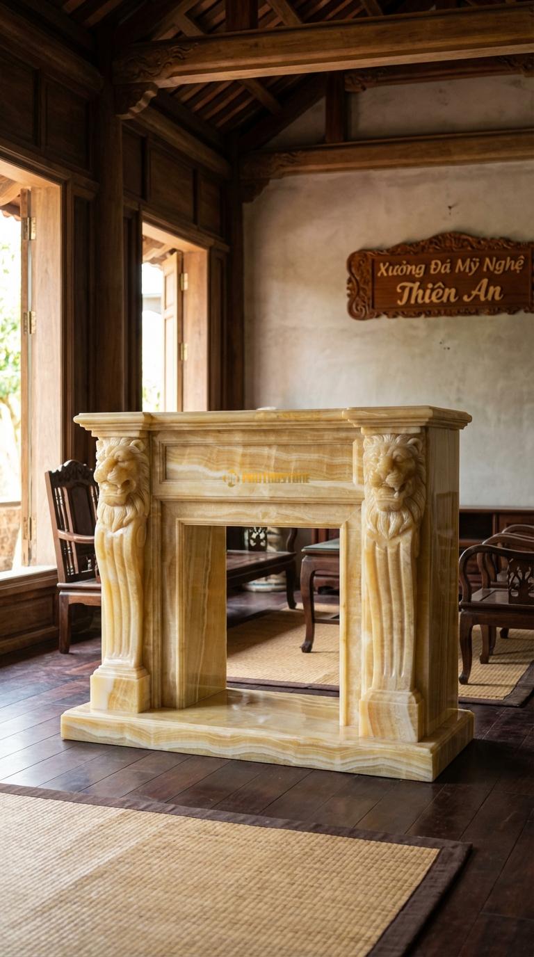 Lò Sưởi Sư Tử (Lion Head) Ngọc hoàng long Hai đầu sư tử chạm kênh bong đỡ dầm lò sưởi, Kích thước 1m6 x 1m3 x 40cm