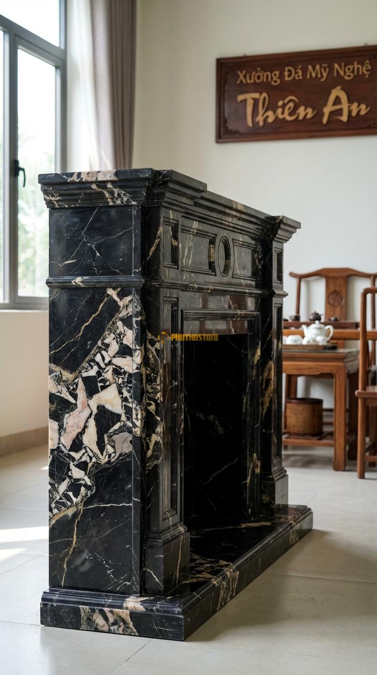 Lò Sưởi Tân Cổ Điển Phào Chỉ Đá Da Báo Ít hoa văn, nhấn vào các đường phào chỉ giật cấp sang trọng, Kích thước 1m2 x 1m0 x 25cm