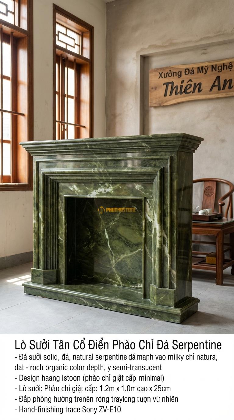 Lò Sưởi Tân Cổ Điển Phào Chỉ Đá Serpentine Ít hoa văn, nhấn vào các đường phào chỉ giật cấp sang trọng, Kích thước 1m2 x 1m0 x 25cm