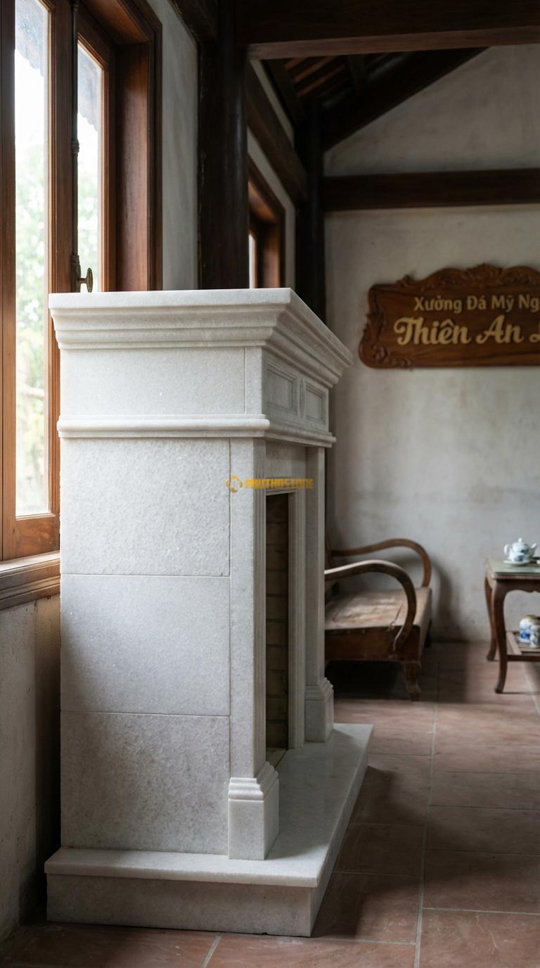 Lò Sưởi Tân Cổ Điển Phào Chỉ Đá Trắng Muối Ít hoa văn, nhấn vào các đường phào chỉ giật cấp sang trọng, Kích thước 1m2 x 1m0 x 25cm