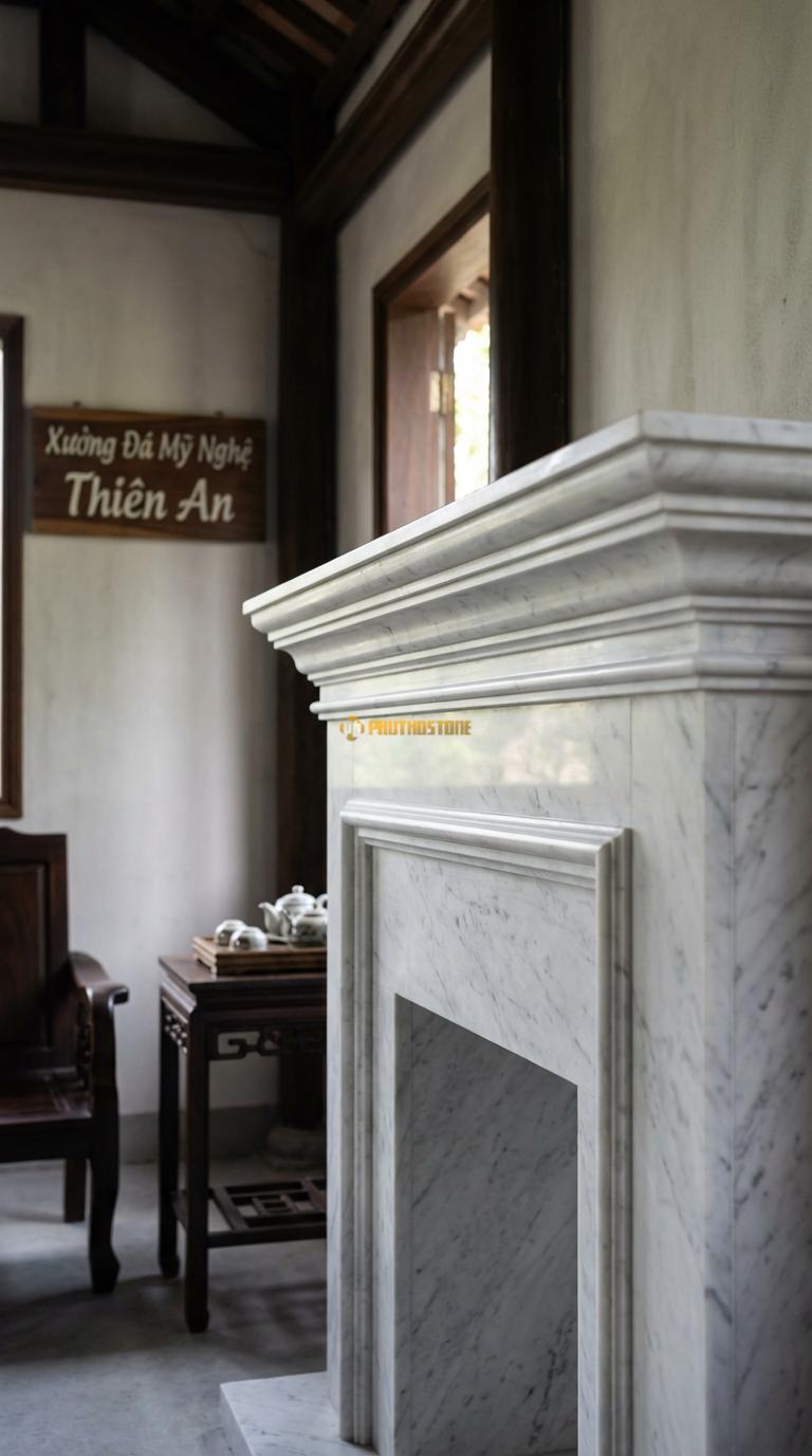 Lò Sưởi Tân Cổ Điển Phào Chỉ Đá Trắng Yên Bái Ít hoa văn, nhấn vào các đường phào chỉ giật cấp sang trọng, Kích thước 1m2 x 1m0 x 25cm