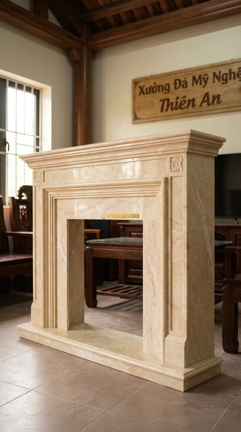 Lò Sưởi Tân Cổ Điển Phào Chỉ Đá Vàng Nghệ An Ít hoa văn, nhấn vào các đường phào chỉ giật cấp sang trọng, Kích thước 1m2 x 1m0 x 25cm