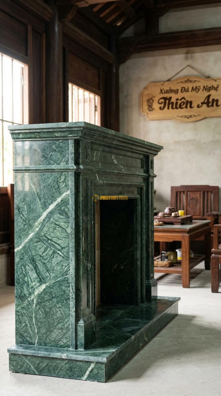 Lò Sưởi Tân Cổ Điển Phào Chỉ Đá Xanh Ấn Ít hoa văn, nhấn vào các đường phào chỉ giật cấp sang trọng, Kích thước 1m2 x 1m0 x 25cm