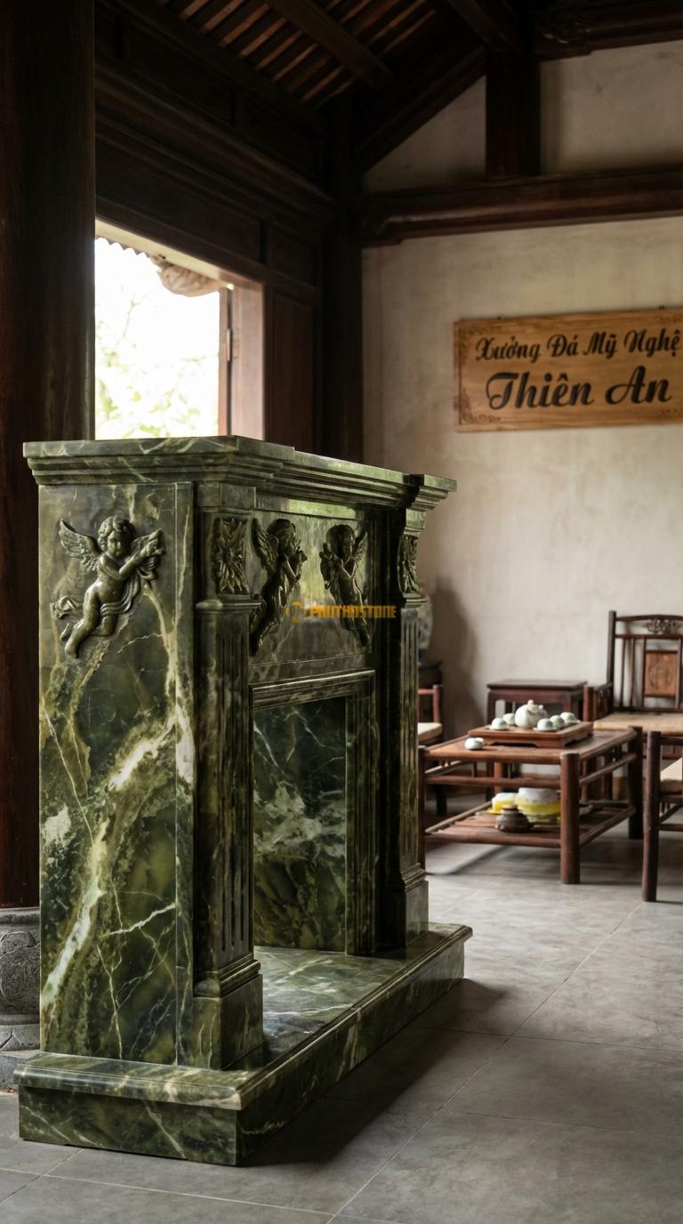 Lò Sưởi Thiên Thần Đá Serpentine Chạm phù điêu thiên thần nhỏ (Cupid) bay lượn, Kích thước 1m5 x 1m2 x 35cm