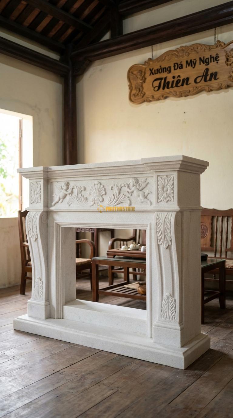 Lò Sưởi Thiên Thần Đá Trắng Muối Chạm phù điêu thiên thần nhỏ (Cupid) bay lượn, Kích thước 1m5 x 1m2 x 35cm