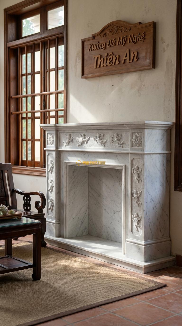 Lò Sưởi Thiên Thần Đá Trắng Yên Bái Chạm phù điêu thiên thần nhỏ (Cupid) bay lượn, Kích thước 1m5 x 1m2 x 35cm