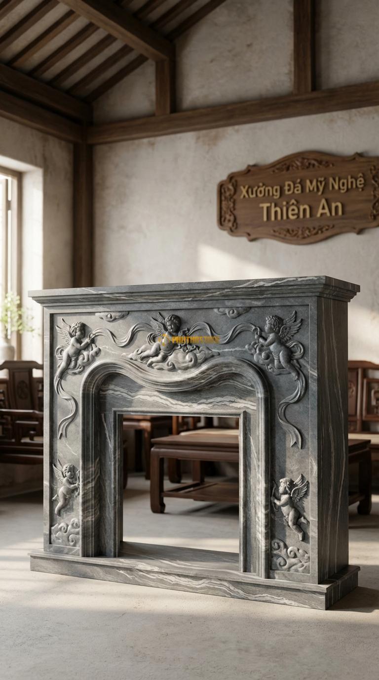 Lò Sưởi Thiên Thần Đá Vân Mây Chạm phù điêu thiên thần nhỏ (Cupid) bay lượn, Kích thước 1m5 x 1m2 x 35cm