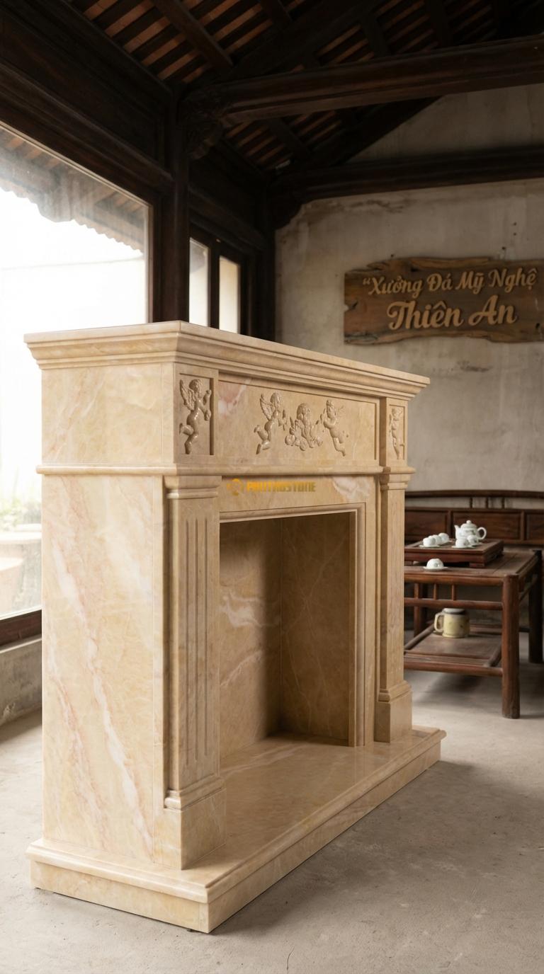 Lò Sưởi Thiên Thần Đá Vàng Nghệ An Chạm phù điêu thiên thần nhỏ (Cupid) bay lượn, Kích thước 1m5 x 1m2 x 35cm