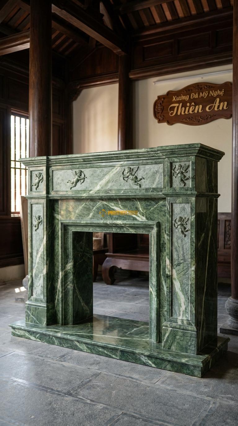 Lò Sưởi Thiên Thần Đá Xanh Ấn Chạm phù điêu thiên thần nhỏ (Cupid) bay lượn, Kích thước 1m5 x 1m2 x 35cm