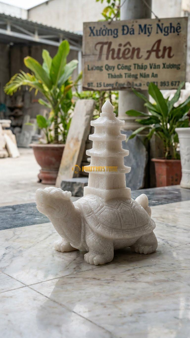 Long Quy Cõng Tháp Văn Xương Bằng Đá Trắng Muối, Kiểu Dáng Kích Cầu Tài Và Học Hành. Kích Thước Cao 25cm.
