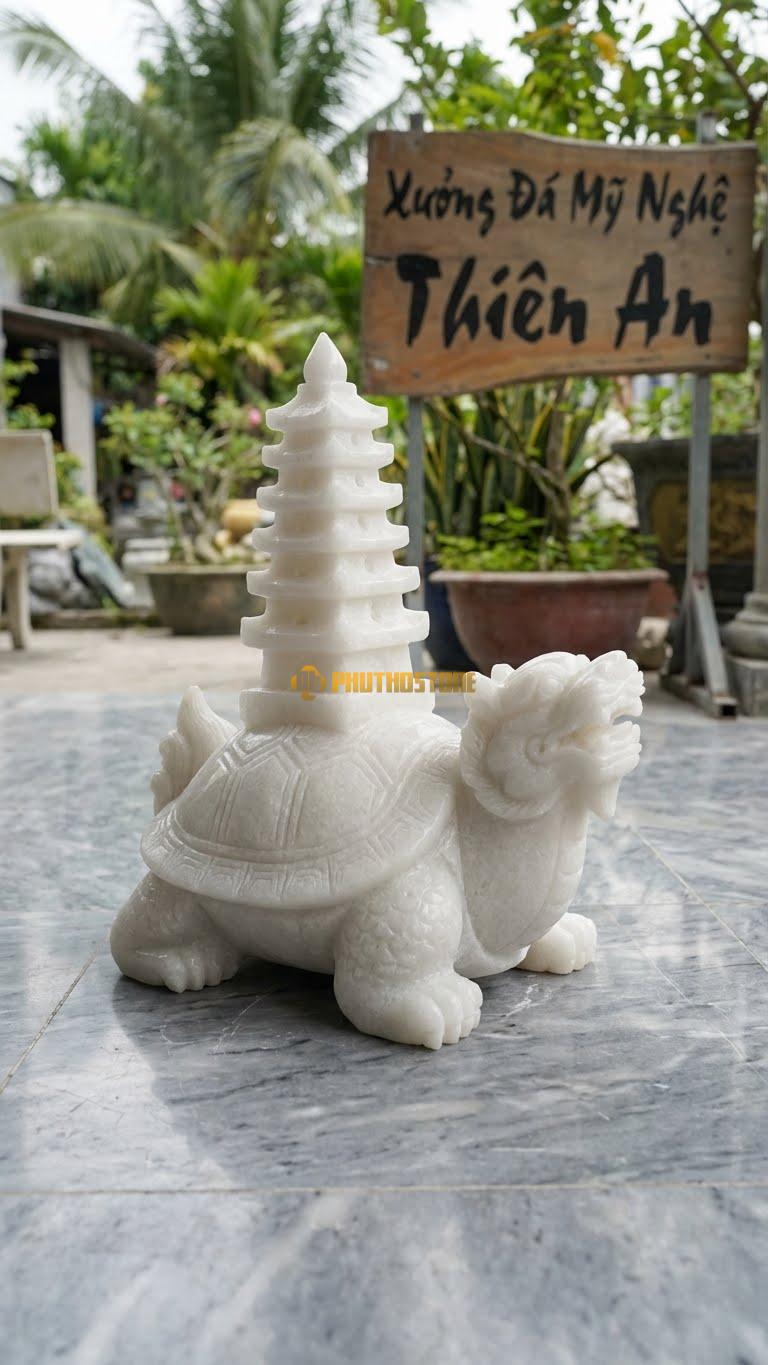 Long Quy Cõng Tháp Văn Xương Bằng Đá Trắng Muối, Kiểu Dáng Kích Cầu Tài Và Học Hành. Kích Thước Cao 25cm.