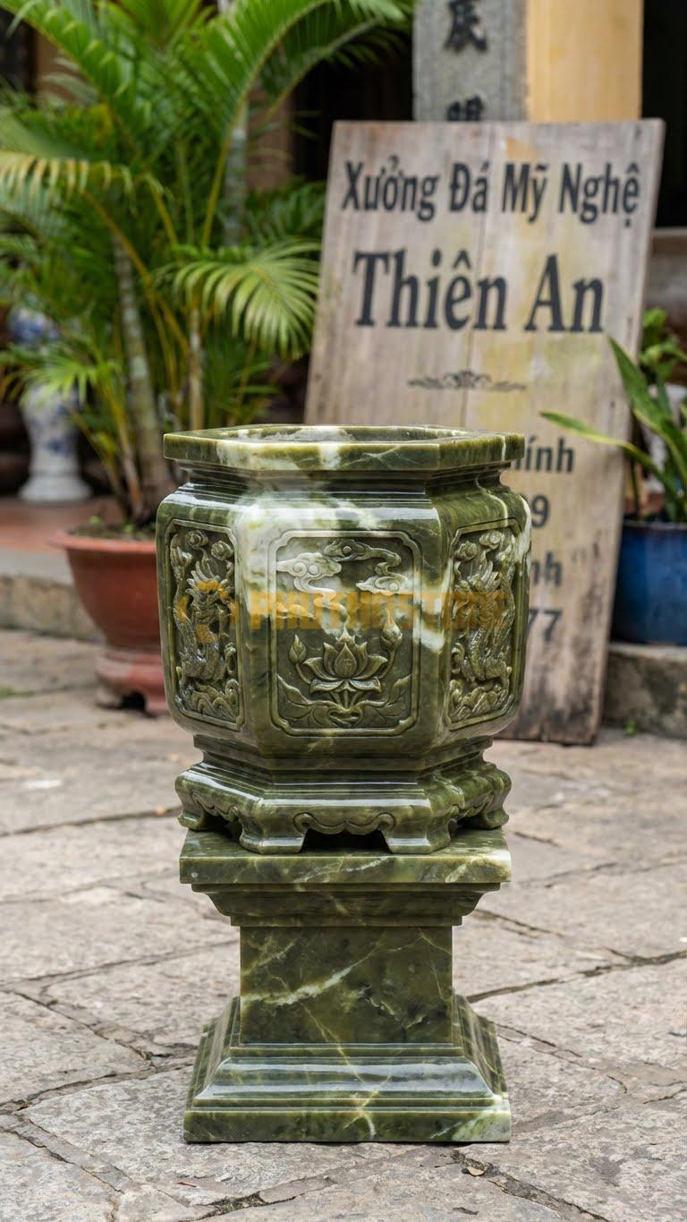 Lư Đá Bát Giác Đá Serpentine: Thân 8 Cạnh Đều Nhau, Phong Thủy 35 Cm