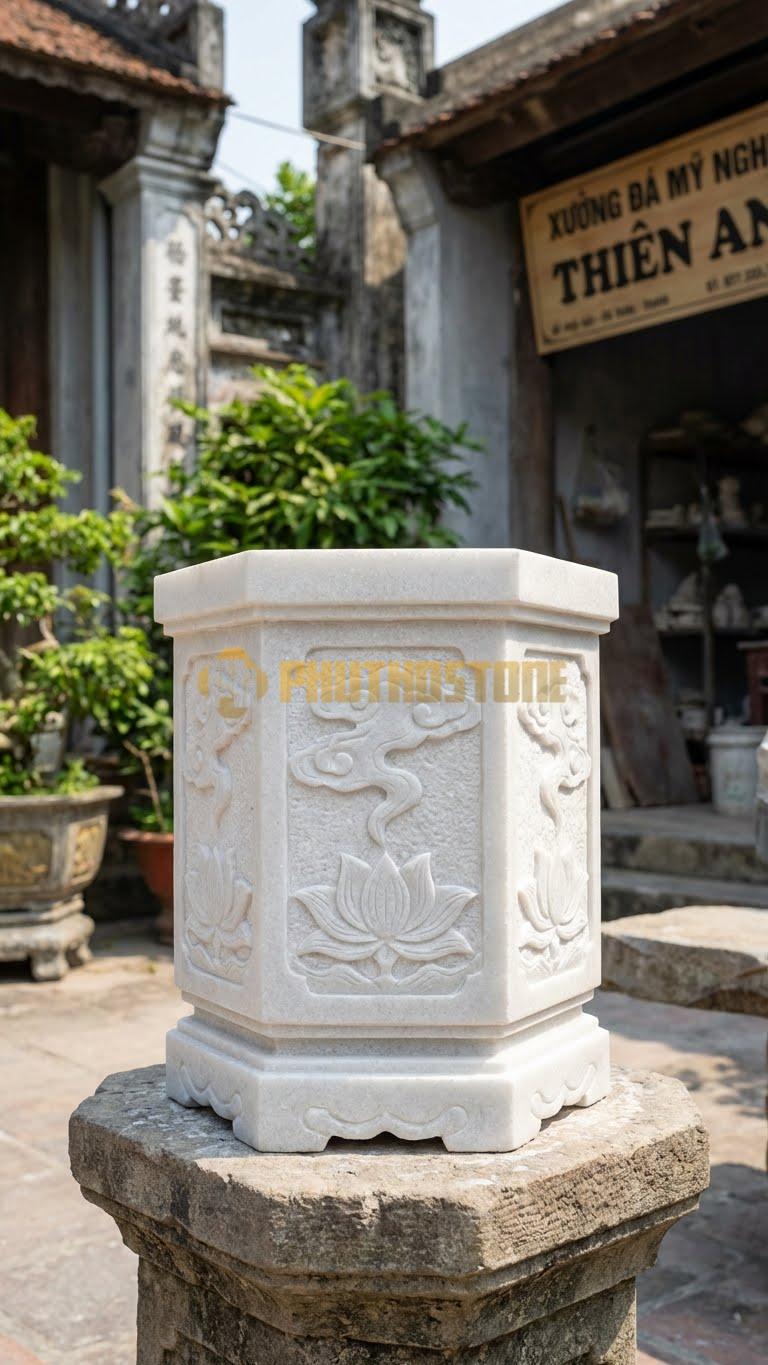 Lư Đá Bát Giác Đá Trắng Muối: Thân 8 Cạnh Đều Nhau, Phong Thủy 35 Cm