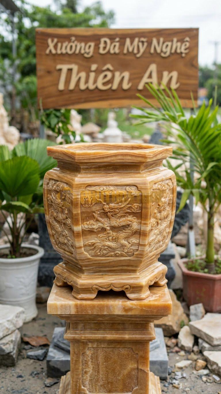 Lư Đá Bát Giác Đá Vân Gỗ: Thân 8 Cạnh Đều Nhau, Phong Thủy 35 Cm