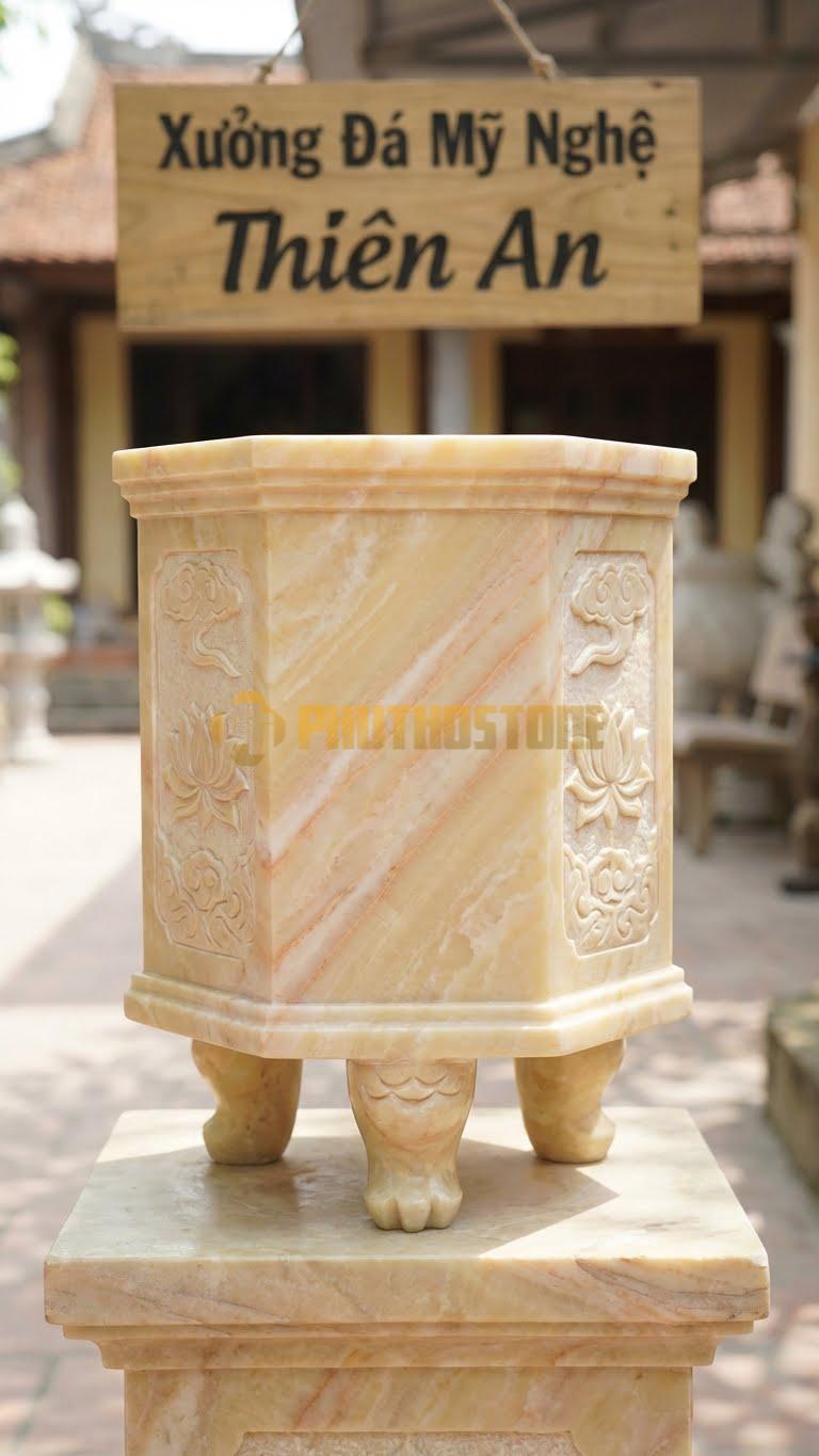Lư Đá Bát Giác Đá Vàng Nghệ An: Thân 8 Cạnh Đều Nhau, Phong Thủy 35 Cm