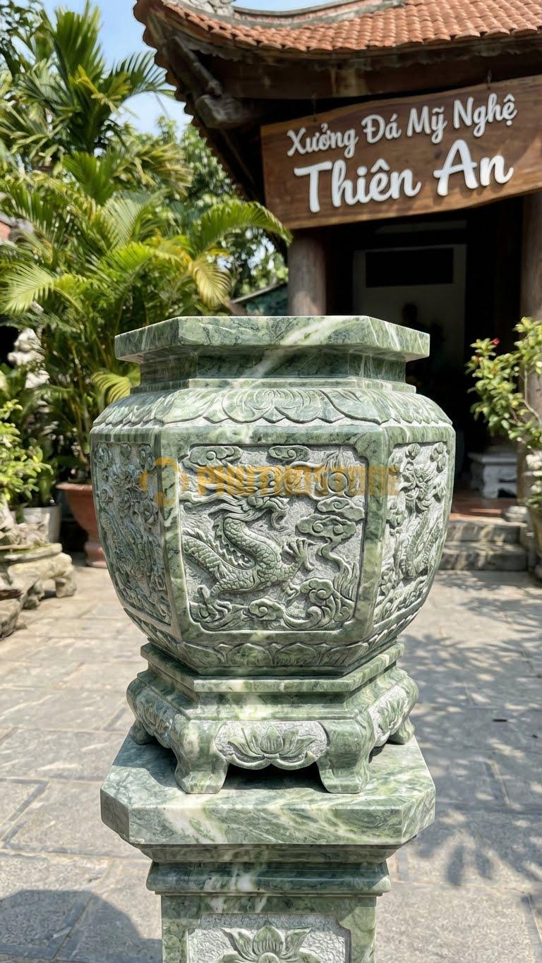 Lư Đá Bát Giác Đá Xanh Ấn: Thân 8 Cạnh Đều Nhau, Phong Thủy 35 Cm
