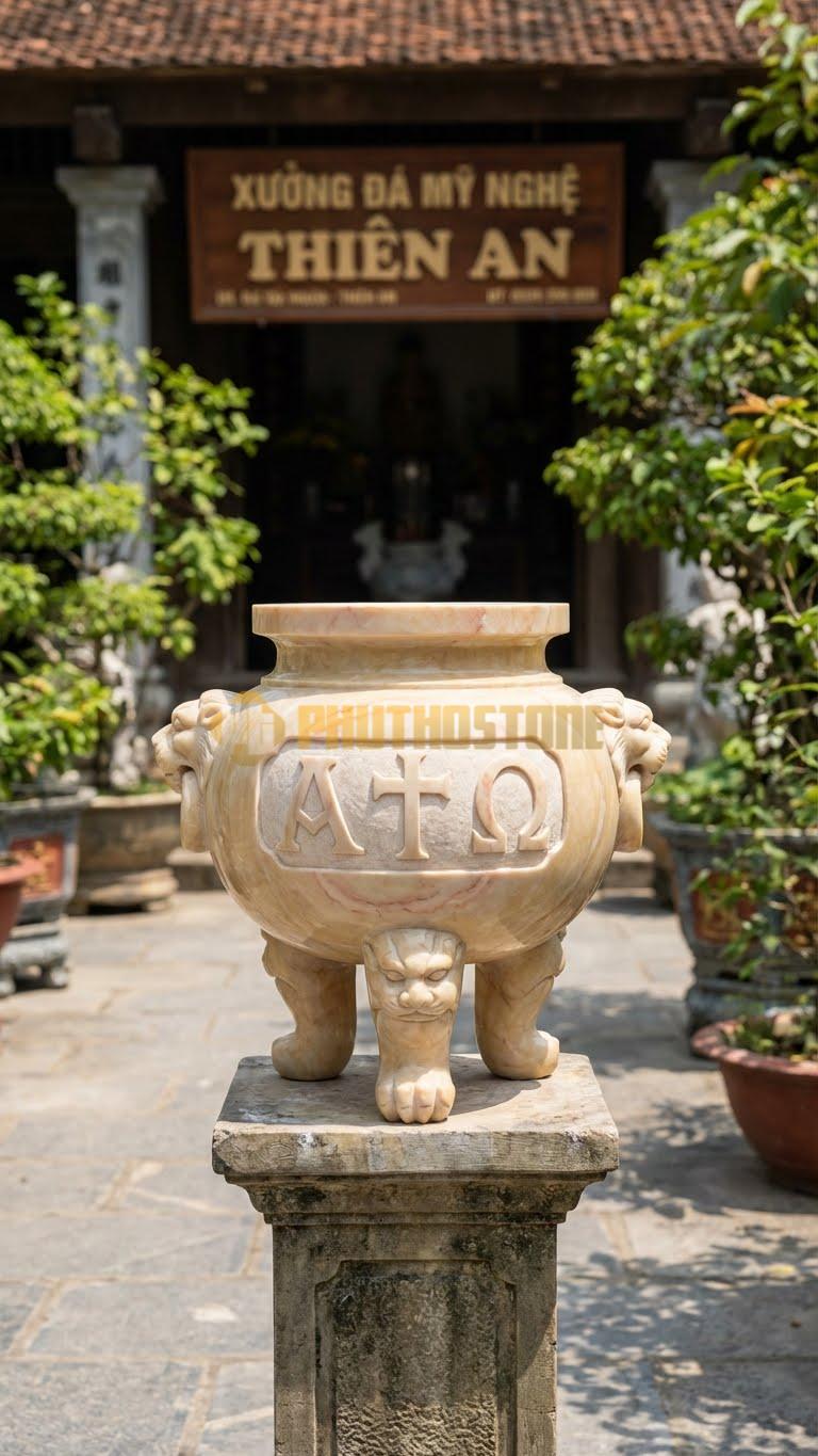 Lư Đá Công Giáo Chữ Alpha & Omega Đá Vàng Nghệ An: Biểu Tượng Của Sự Bắt Đầu Và Kết Thúc 48 Cm