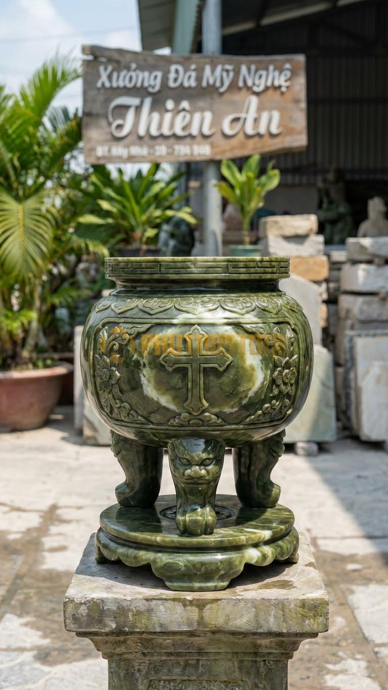 Lư Đá Công Giáo Thánh Giá Đá Serpentine: Chạm Nổi Thánh Giá Ở Mặt Chính 40 Cm