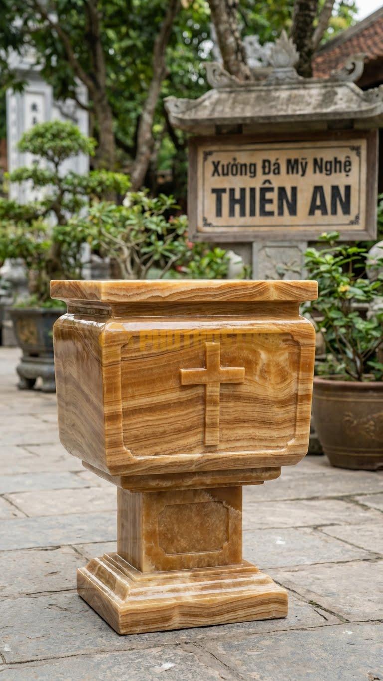Lư Đá Công Giáo Thánh Giá Đá Vân Gỗ: Chạm Nổi Thánh Giá Ở Mặt Chính 40 Cm