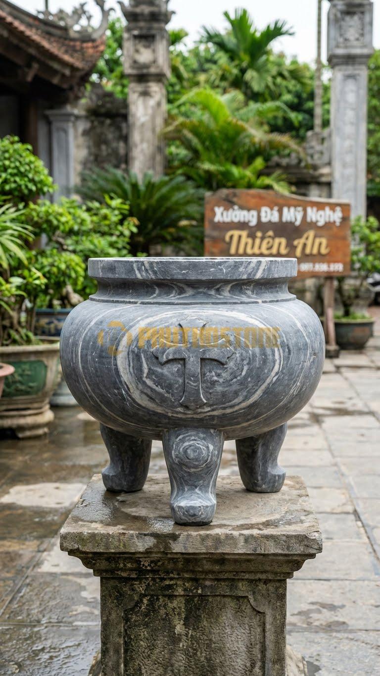 Lư Đá Công Giáo Thánh Giá Đá Vân Mây: Chạm Nổi Thánh Giá Ở Mặt Chính 40 Cm