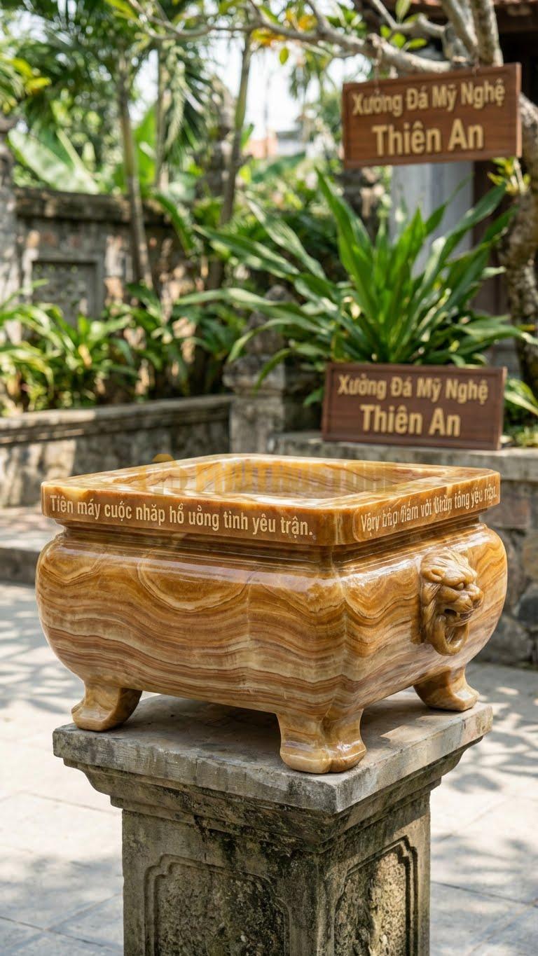 Lư Đá Khắc Kinh Thánh Đá Vân Gỗ: Khắc Các Câu Kinh Ngắn Xung Quanh Miệng 70 Cm