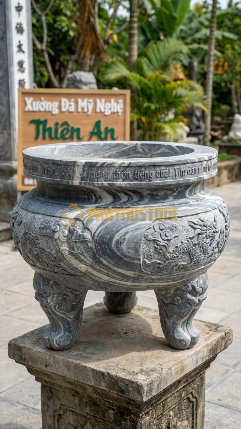 Lư Đá Khắc Kinh Thánh Đá Vân Mây: Khắc Các Câu Kinh Ngắn Xung Quanh Miệng 70 Cm