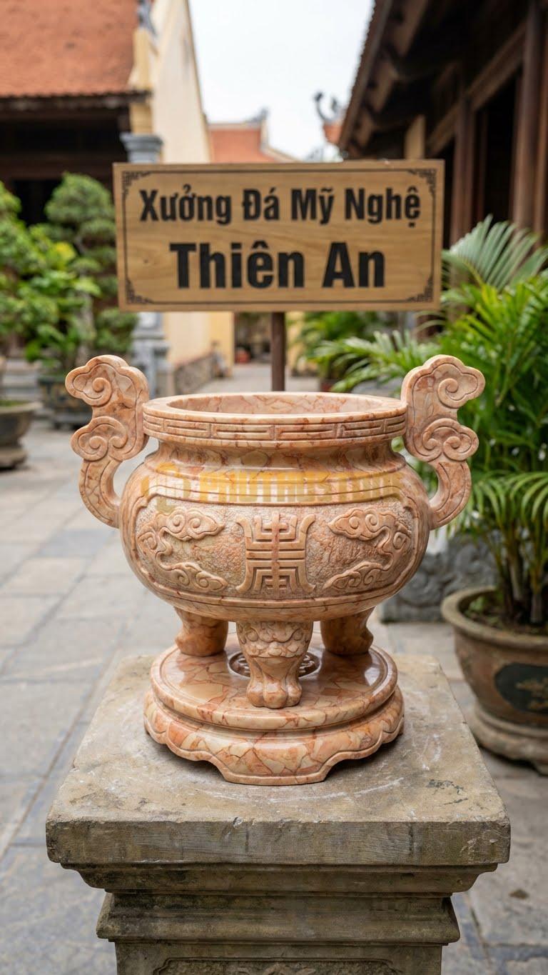 Lư Đá Tai Mây Phổ Thông Đá Hồng: Kiểu Dáng Truyền Thống Cho Nghĩa Trang 20 Cm