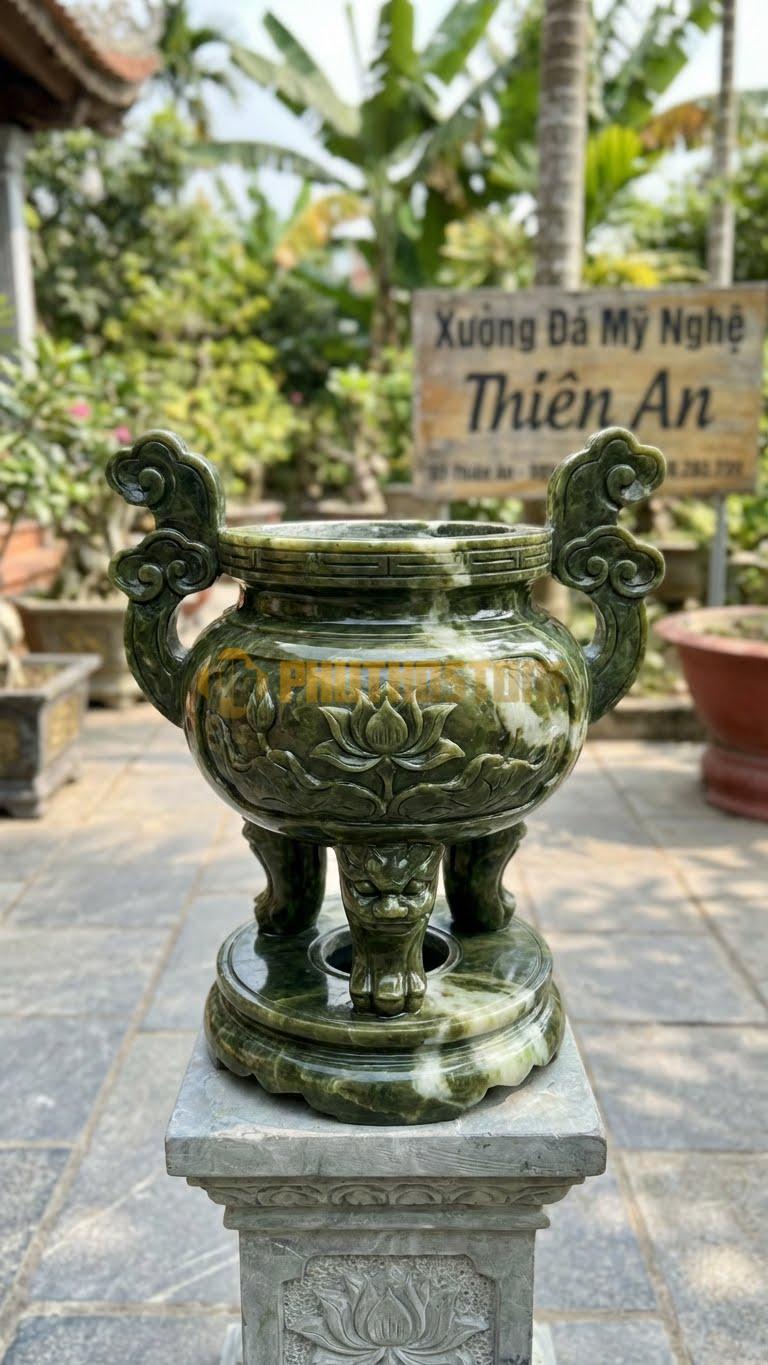 Lư Đá Tai Mây Phổ Thông Đá Serpentine: Kiểu Dáng Truyền Thống Cho Nghĩa Trang 20 Cm