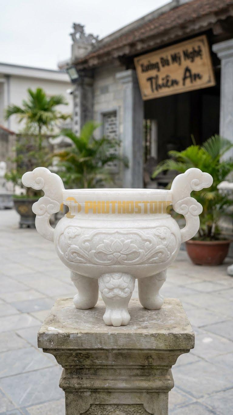 Lư Đá Tai Mây Phổ Thông Đá Trắng Muối: Kiểu Dáng Truyền Thống Cho Nghĩa Trang 20 Cm