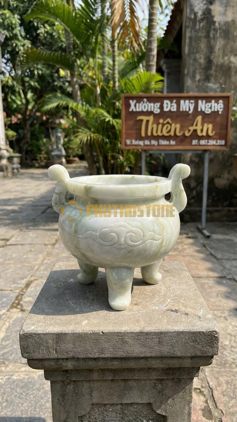 Lư Đá Trắng Tinh Khiết Đá Xanh Ấn: Để Trơn, Đánh Bóng Kỹ 22 Cm