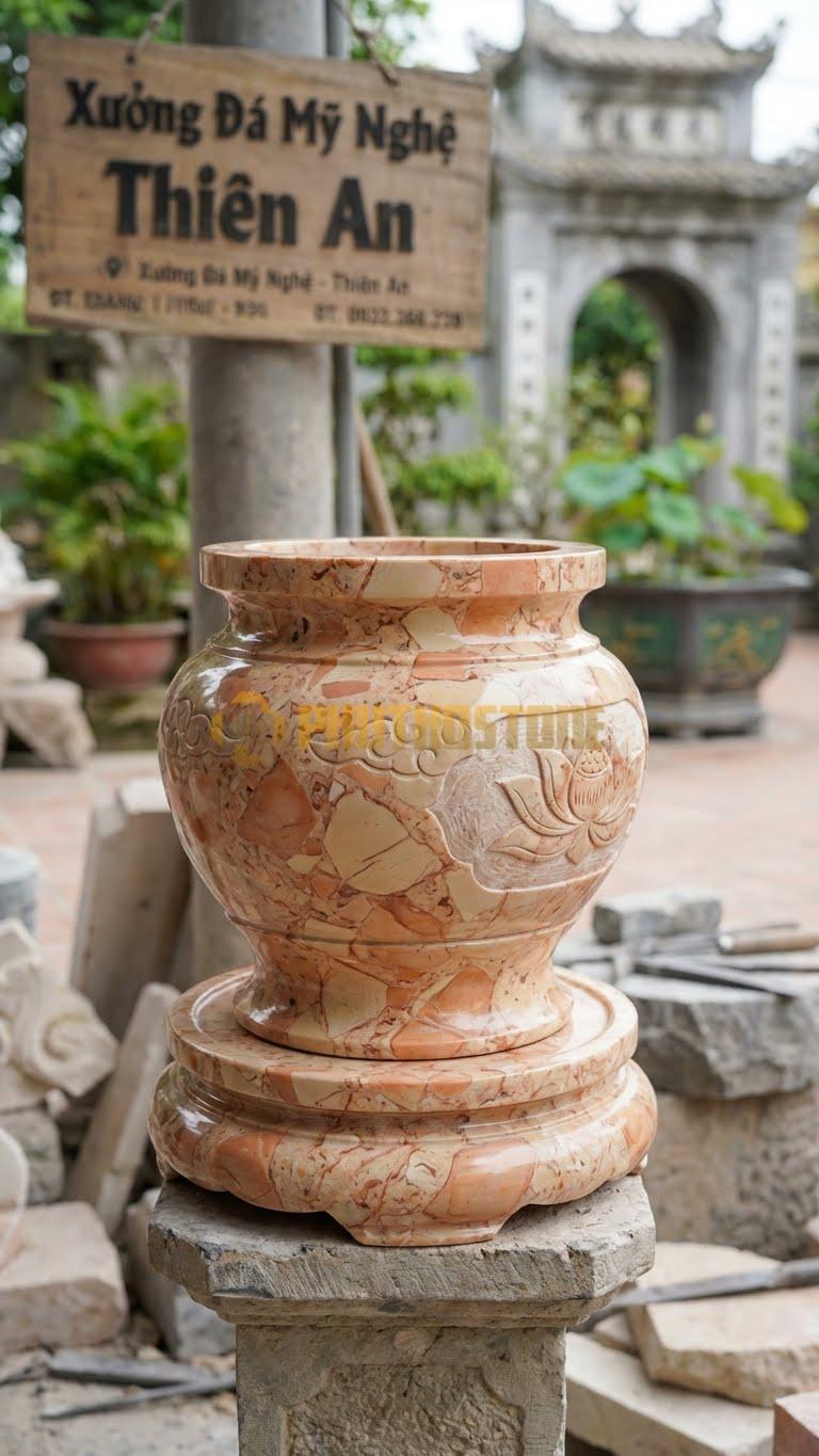 Lư Đá Tròn Chân Đế Liền Đá Hồng: Phần Thân Và Đế Làm Từ Đá Nguyên Khối 28 Cm