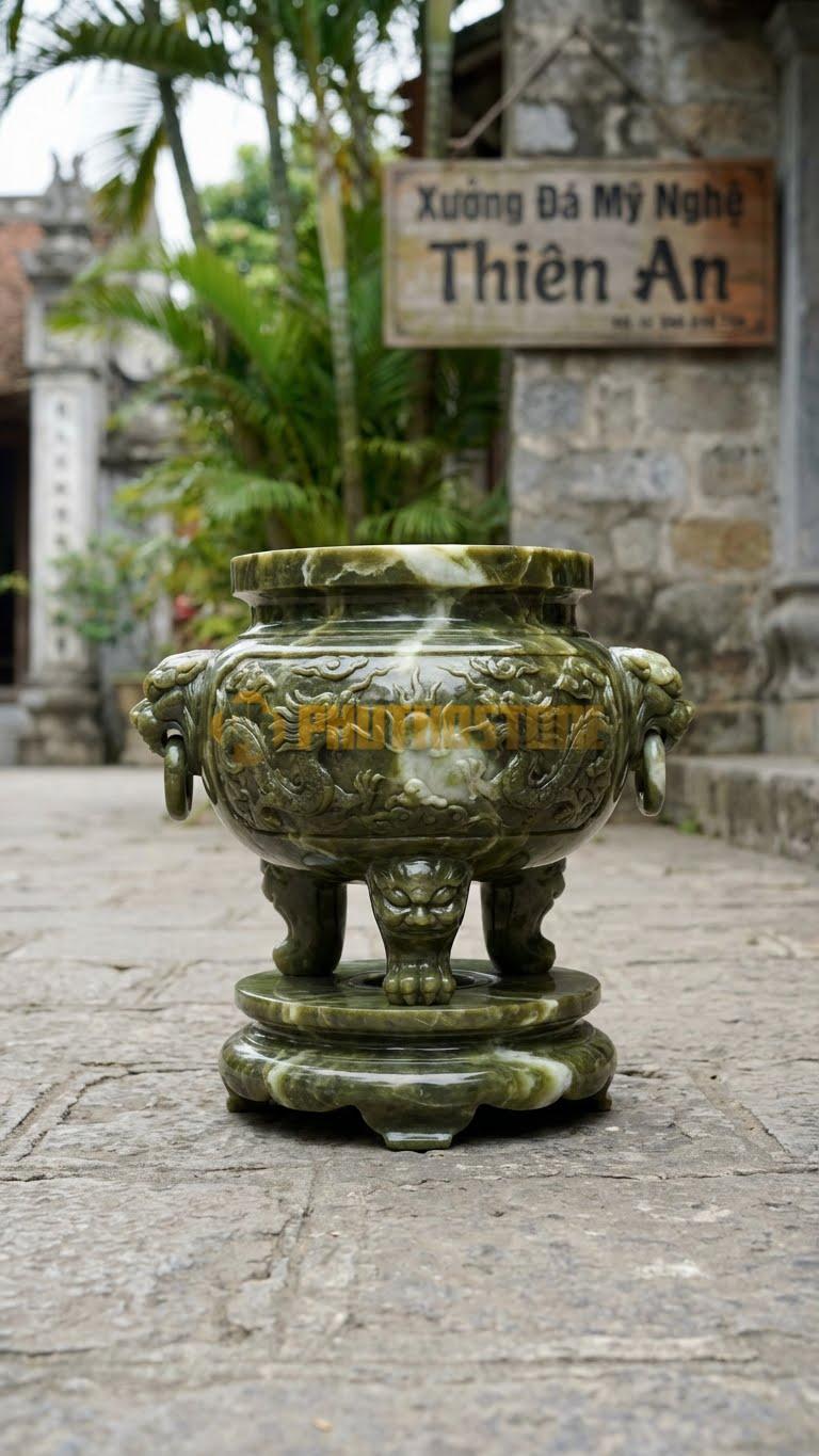Lư Đá Tròn Chân Đế Liền Đá Serpentine: Phần Thân Và Đế Làm Từ Đá Nguyên Khối 28 Cm