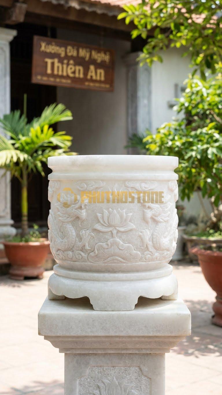 Lư Đá Tròn Chân Đế Liền Đá Trắng Muối: Phần Thân Và Đế Làm Từ Đá Nguyên Khối 28 Cm