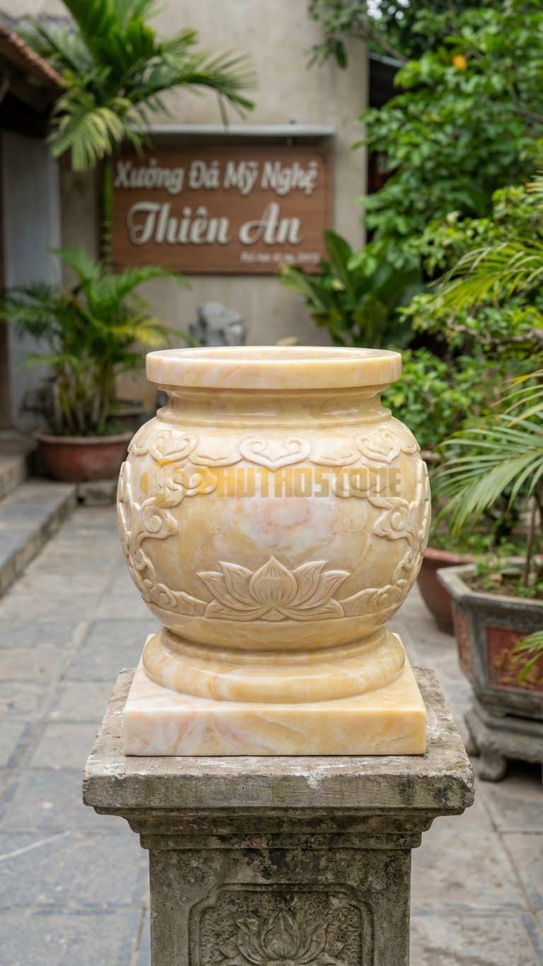Lư Đá Tròn Chân Đế Liền Đá Vàng Nghệ An: Phần Thân Và Đế Làm Từ Đá Nguyên Khối 28 Cm