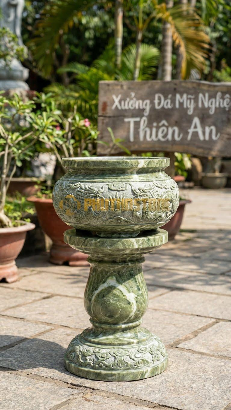 Lư Đá Tròn Chân Đế Liền Đá Xanh Ấn: Phần Thân Và Đế Làm Từ Đá Nguyên Khối 28 Cm