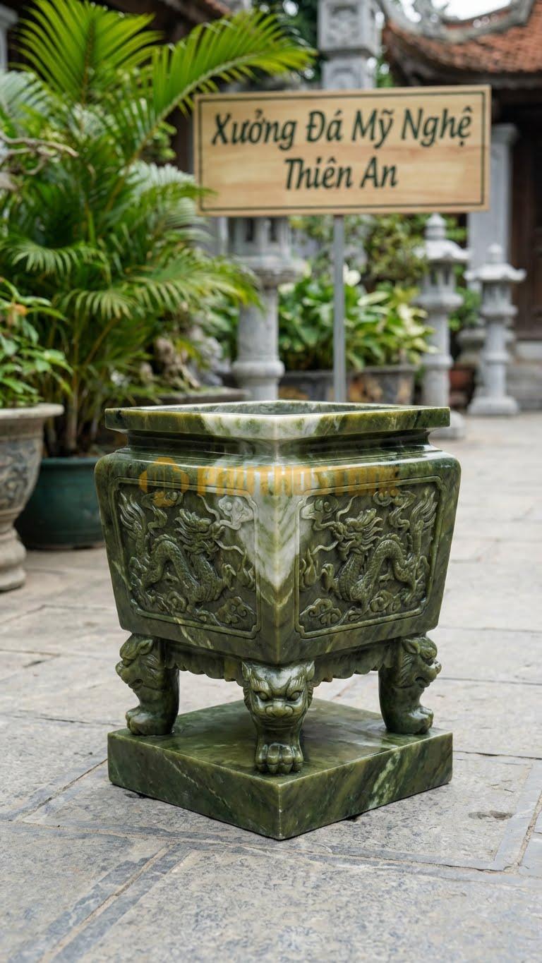 Lư Đá Vuông Thu Nhỏ Đá Serpentine: Dùng Cho Các Mộ Đôi Hoặc Lăng Thờ Chung 25 X 35 Cm