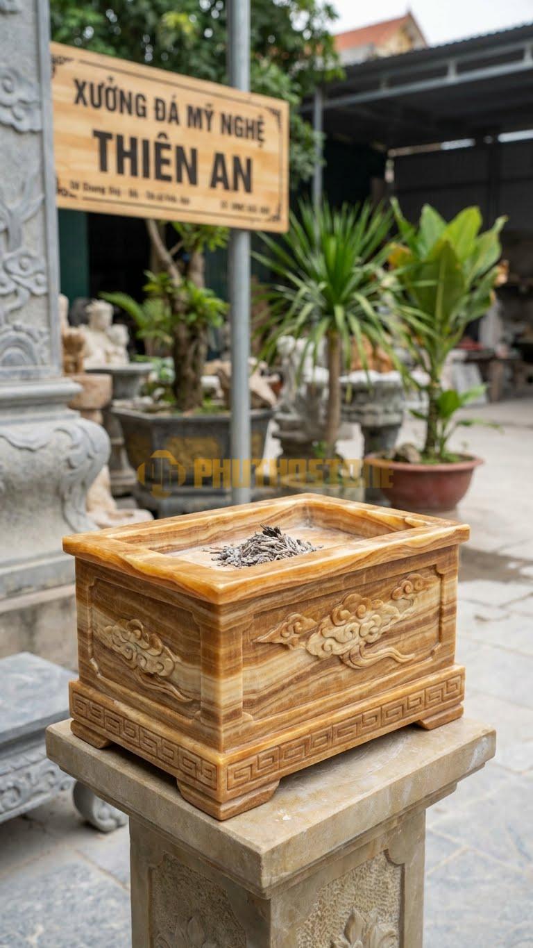 Lư Đá Vuông Thu Nhỏ Đá Vân Gỗ: Dùng Cho Các Mộ Đôi Hoặc Lăng Thờ Chung 25 X 35 Cm
