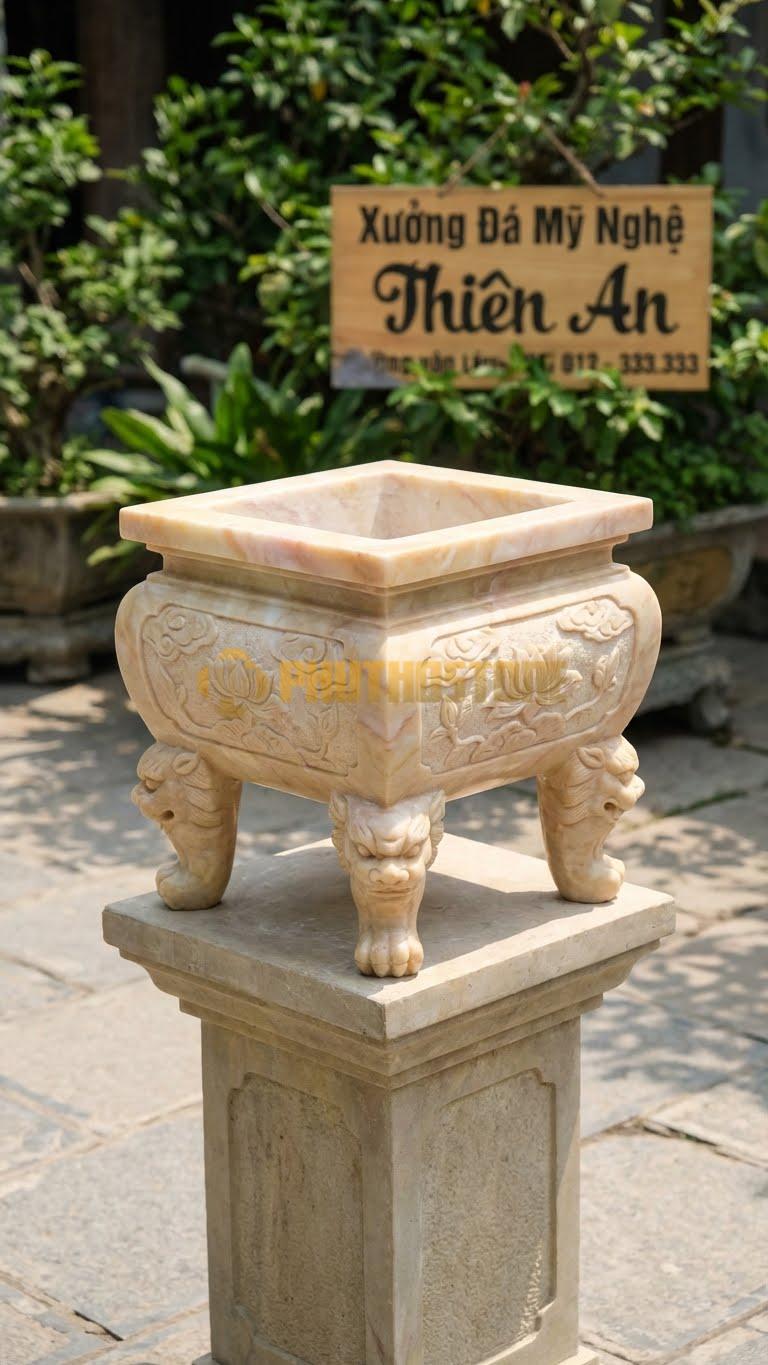 Lư Đá Vuông Thu Nhỏ Đá Vàng Nghệ An: Dùng Cho Các Mộ Đôi Hoặc Lăng Thờ Chung 25 X 35 Cm