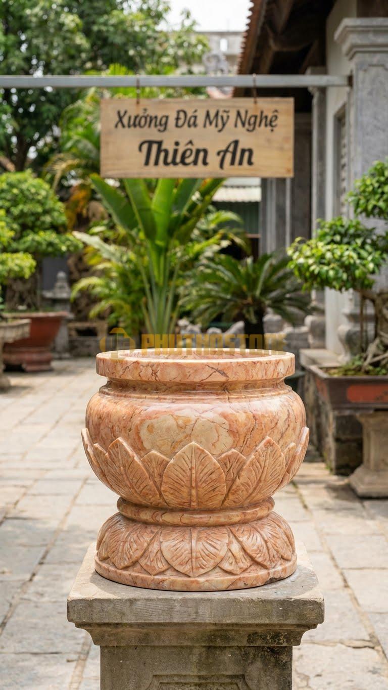Lư Hương Chạm Lá Lật Đá Hồng: Họa Tiết Lá Lật Bao Quanh Chân Đế 30 Cm