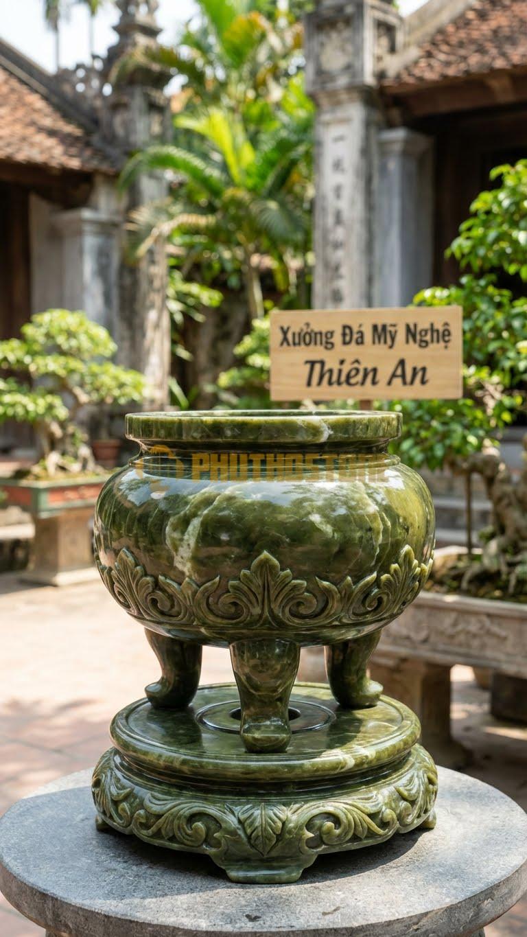 Lư Hương Chạm Lá Lật Đá Serpentine: Họa Tiết Lá Lật Bao Quanh Chân Đế 30 Cm