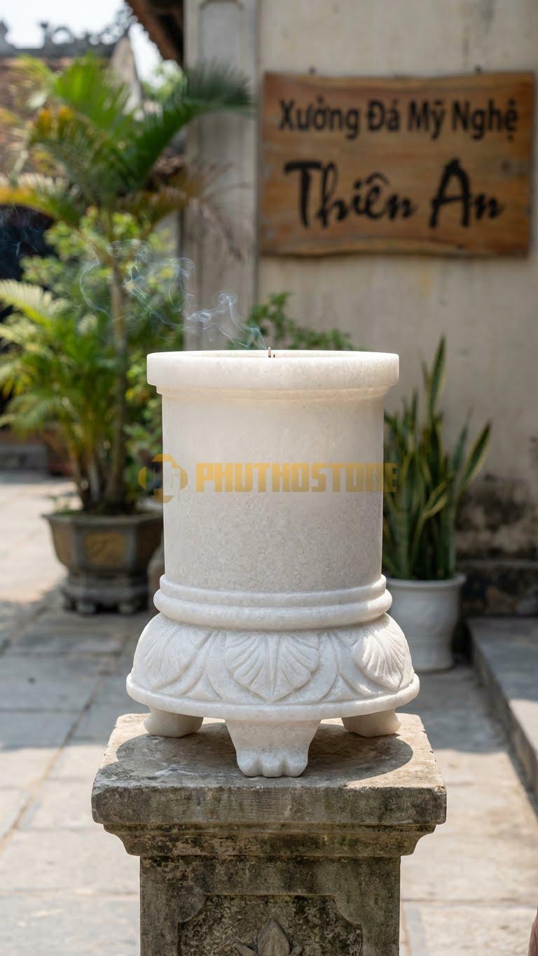 Lư Hương Chạm Lá Lật Đá Trắng Muối: Họa Tiết Lá Lật Bao Quanh Chân Đế 30 Cm