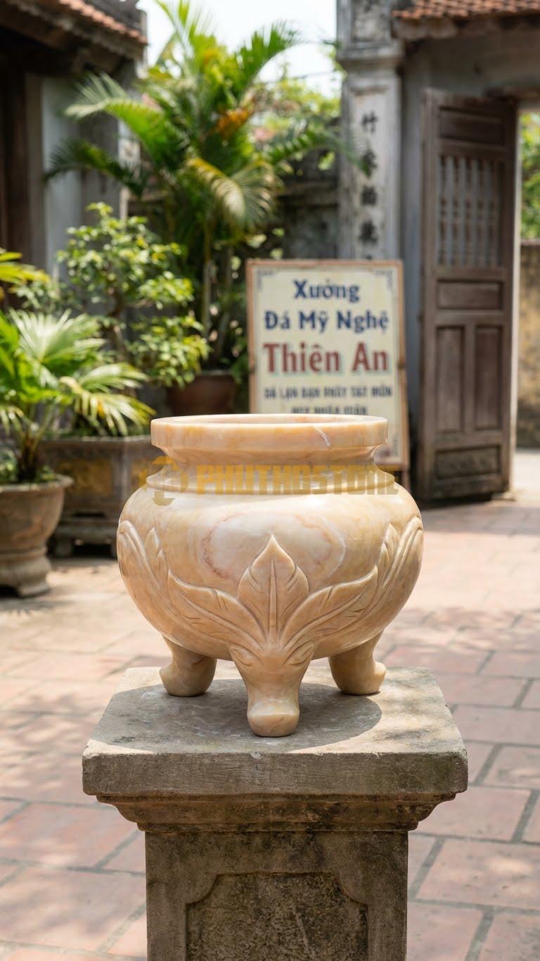 Lư Hương Chạm Lá Lật Đá Vàng Nghệ An: Họa Tiết Lá Lật Bao Quanh Chân Đế 30 Cm