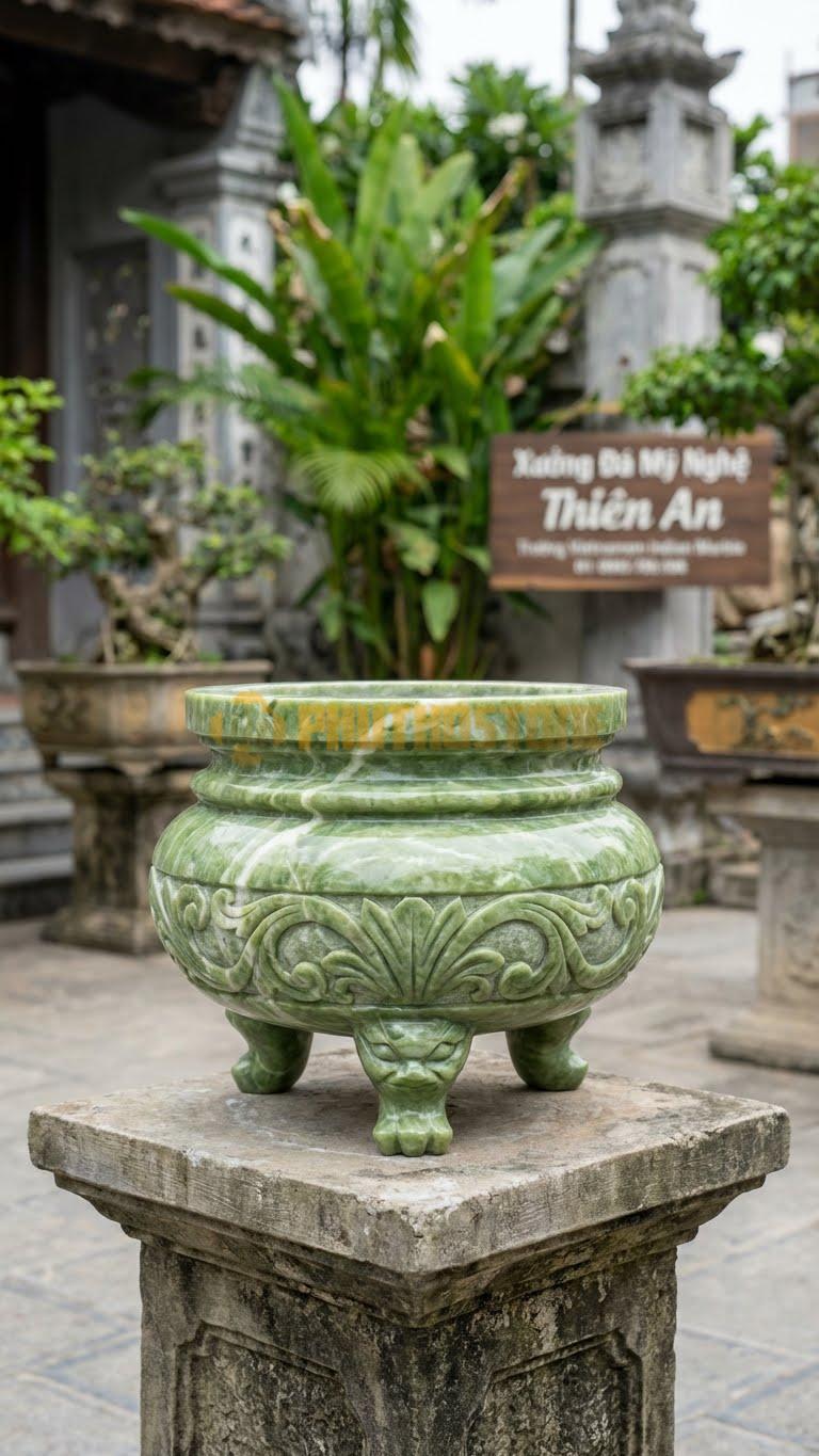 Lư Hương Chạm Lá Lật Đá Xanh Ấn: Họa Tiết Lá Lật Bao Quanh Chân Đế 30 Cm