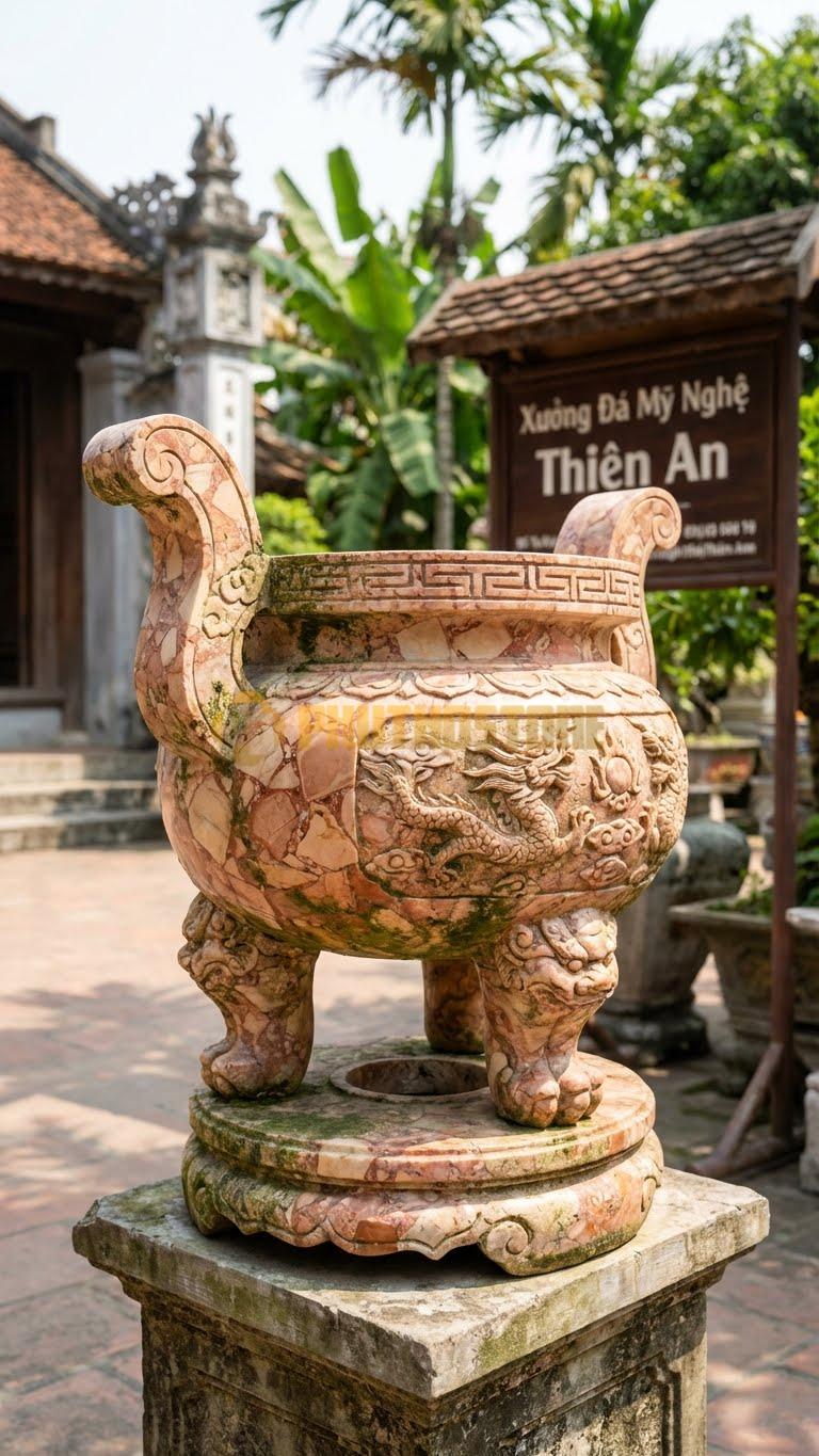 Lư Hương Đá Giả Cổ Đá Hồng: Xử Lý Bề Mặt Tạo Độ Nhám, Rêu Phong 25 Cm