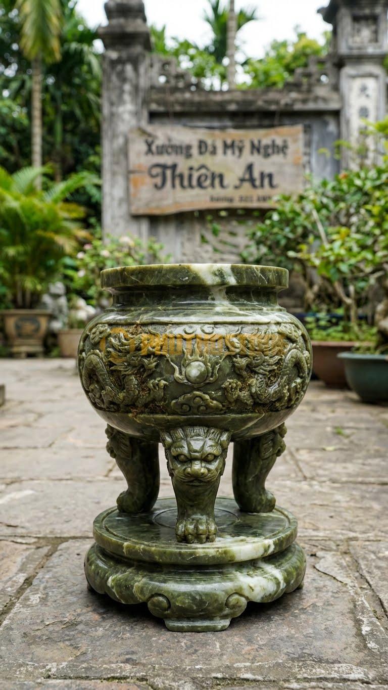 Lư Hương Đá Giả Cổ Đá Serpentine: Xử Lý Bề Mặt Tạo Độ Nhám, Rêu Phong 25 Cm