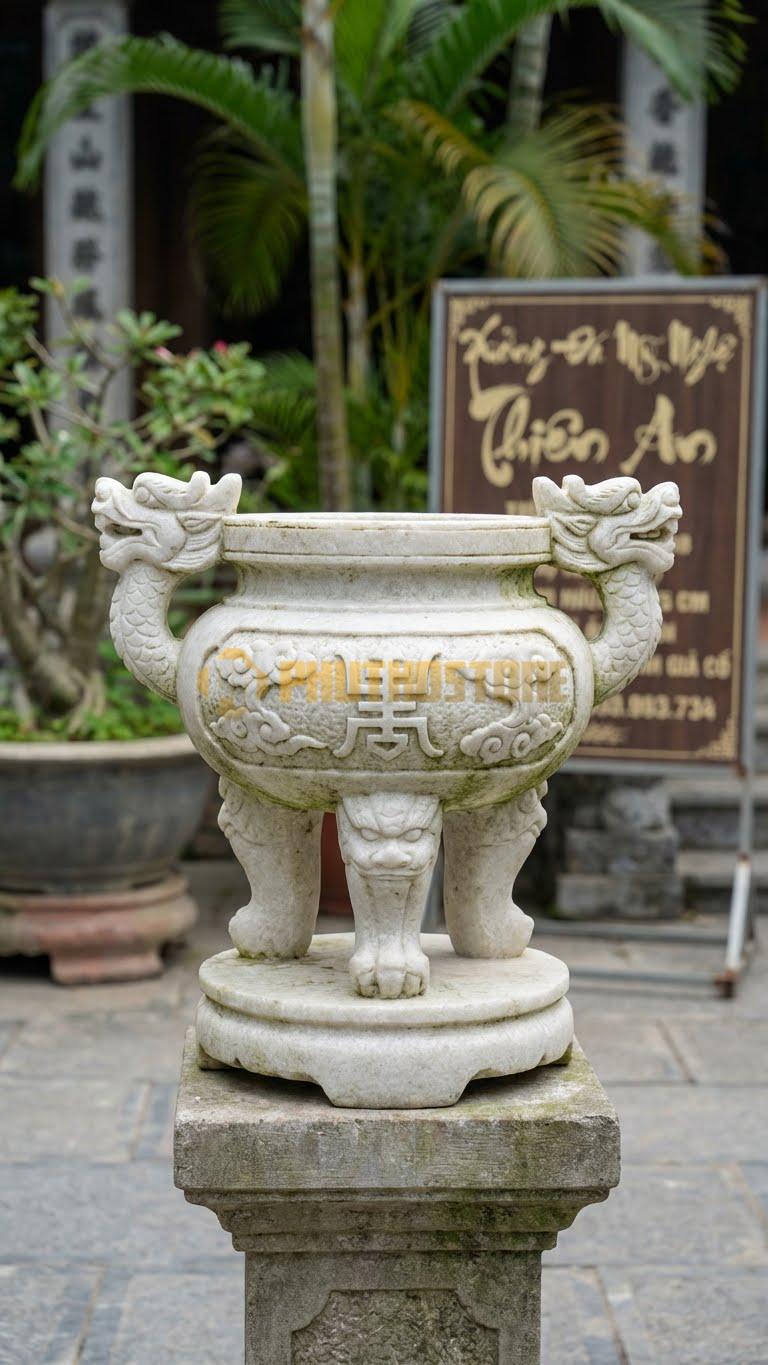 Lư Hương Đá Giả Cổ Đá Trắng Muối: Xử Lý Bề Mặt Tạo Độ Nhám, Rêu Phong 25 Cm