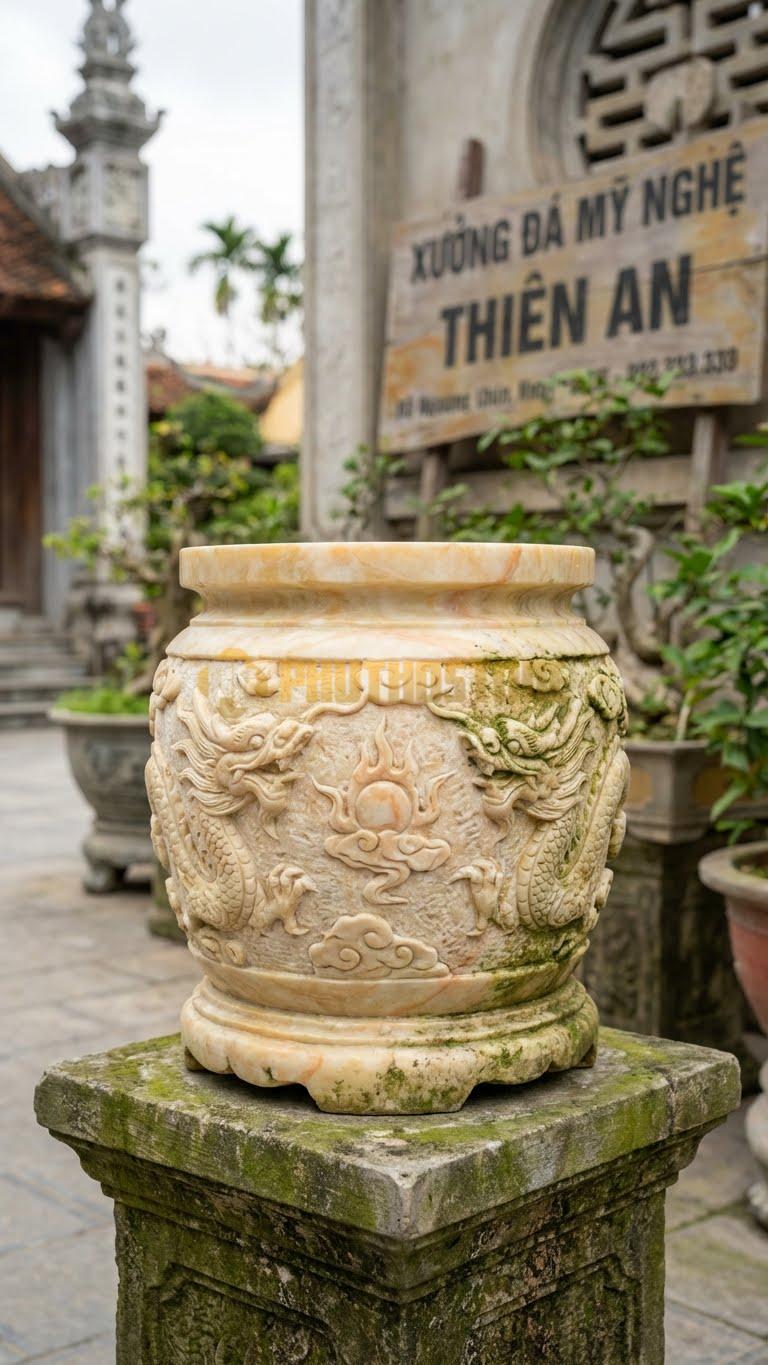 Lư Hương Đá Giả Cổ Đá Vàng Nghệ An: Xử Lý Bề Mặt Tạo Độ Nhám, Rêu Phong 25 Cm