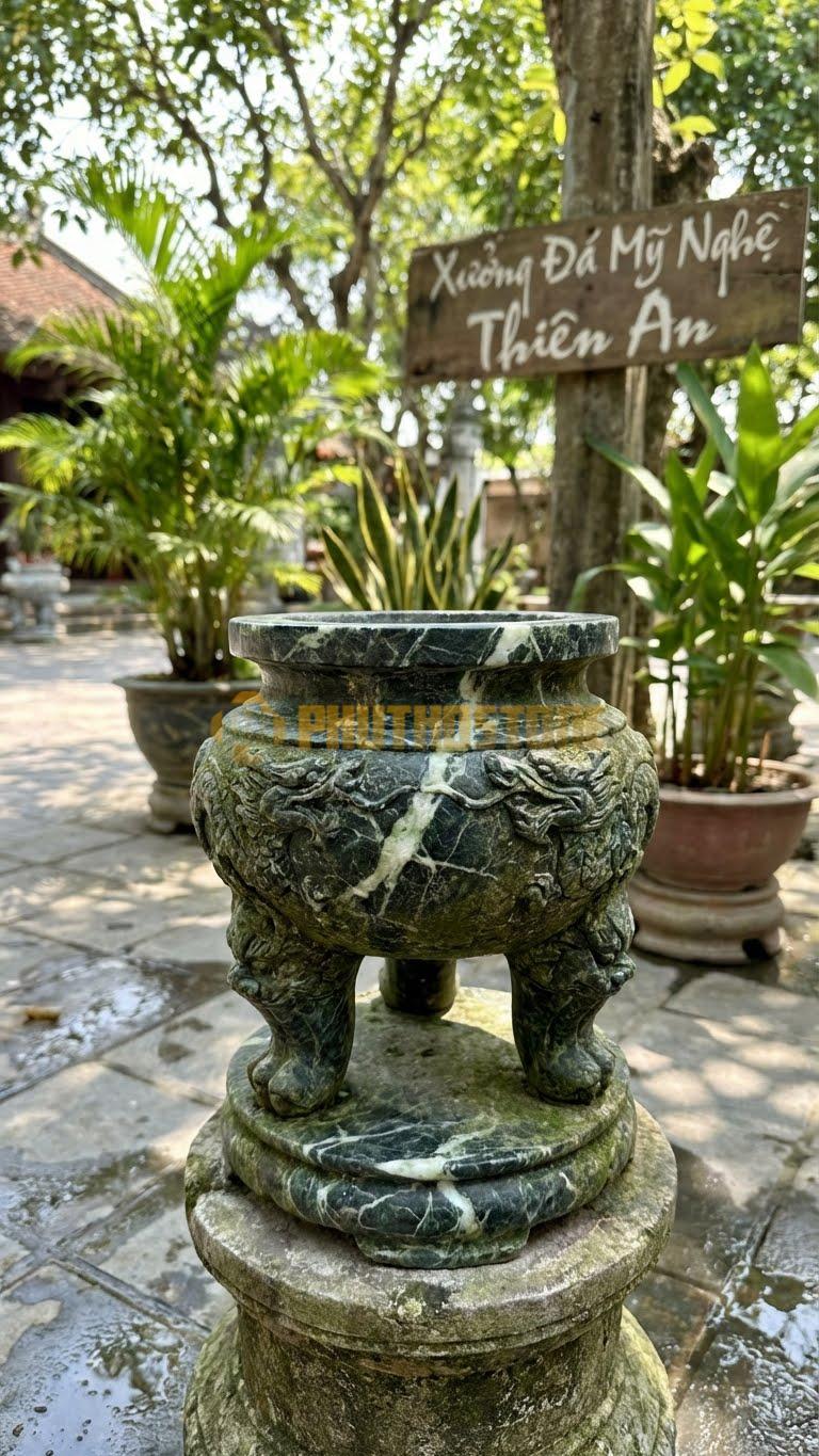 Lư Hương Đá Giả Cổ Đá Xanh Ấn: Xử Lý Bề Mặt Tạo Độ Nhám, Rêu Phong 25 Cm