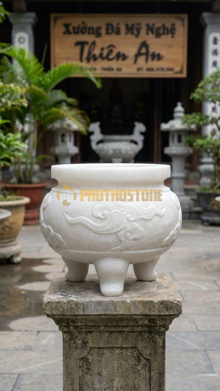 Lư Hương Họa Tiết Mây Tản Đá Trắng Muối: Mây Vờn Nhẹ Nhàng Thanh Thoát 32 Cm